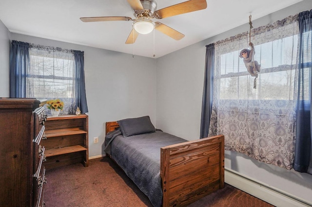 bedroom featuring ceiling fan, dark carpet, and a baseboard heating unit