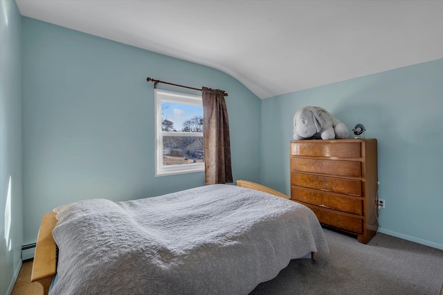 carpeted bedroom featuring lofted ceiling and a baseboard radiator