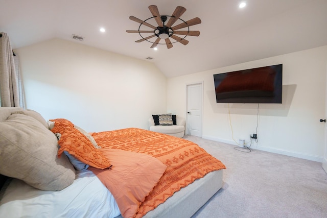 carpeted bedroom featuring vaulted ceiling and ceiling fan