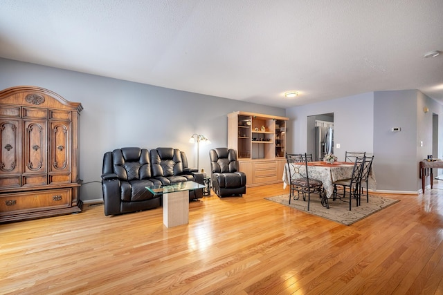 living room featuring a textured ceiling and light hardwood / wood-style floors