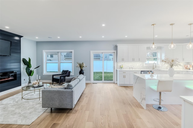 living room featuring a fireplace, sink, and light hardwood / wood-style flooring