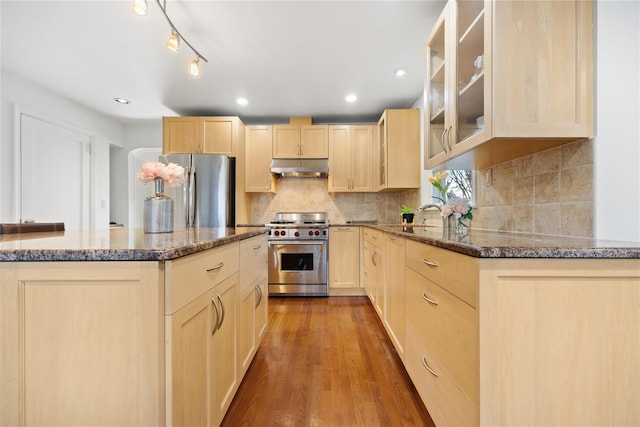 kitchen with hardwood / wood-style flooring, appliances with stainless steel finishes, dark stone countertops, and light brown cabinetry