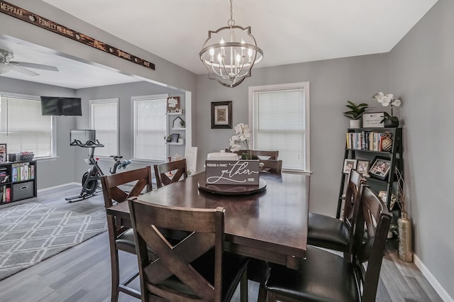 dining space featuring wood-type flooring and ceiling fan with notable chandelier