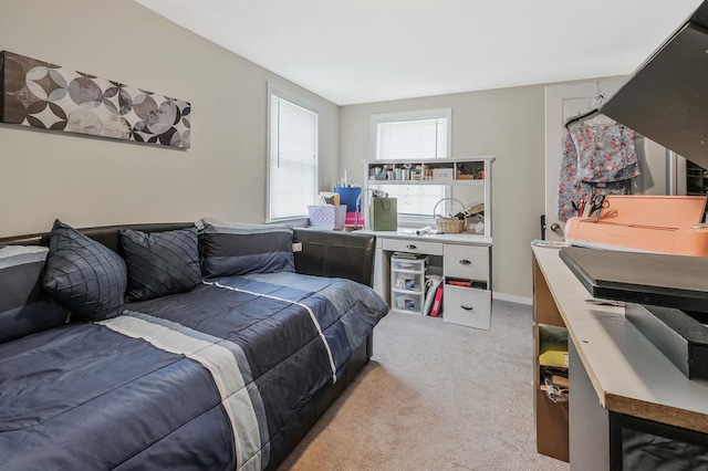 bedroom with light colored carpet