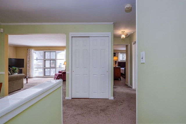 hall with crown molding and light carpet