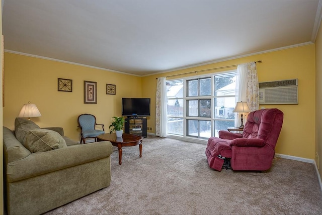 carpeted living room featuring a wall unit AC and ornamental molding