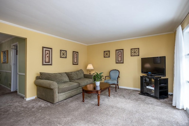 living room featuring ornamental molding and carpet