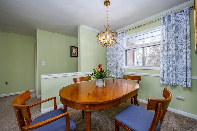 dining space with an inviting chandelier and carpet floors