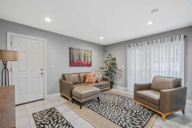 living room featuring light tile patterned flooring