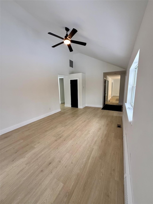 unfurnished living room featuring lofted ceiling, light hardwood / wood-style flooring, and ceiling fan