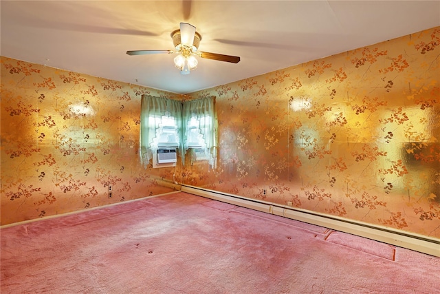 carpeted spare room featuring a baseboard heating unit, cooling unit, and ceiling fan