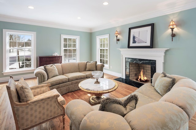 living room with a wealth of natural light, a fireplace, and wood finished floors