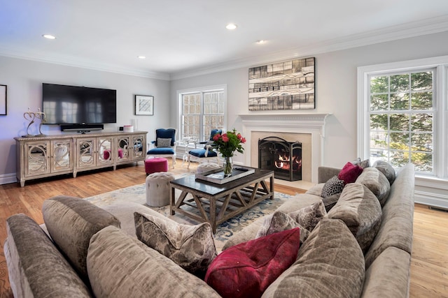 living room featuring crown molding, light wood-style floors, and a healthy amount of sunlight