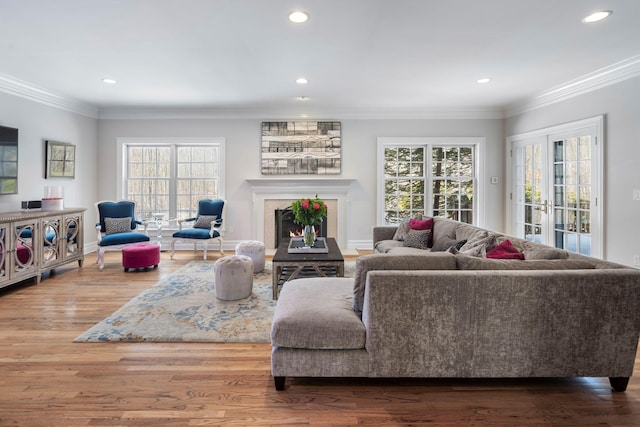 living area with plenty of natural light, ornamental molding, and wood finished floors