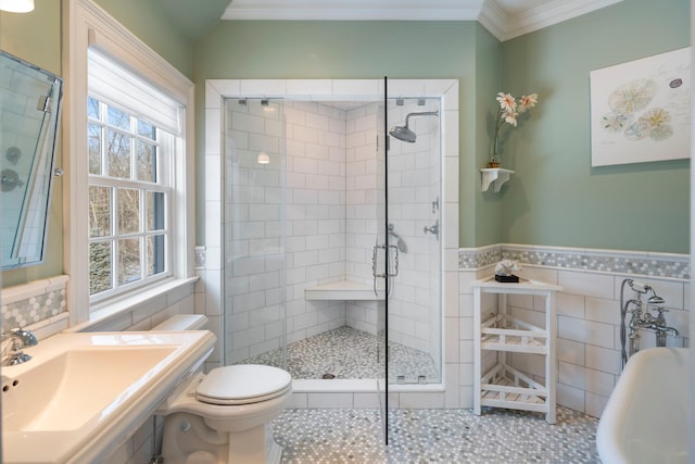 full bathroom featuring ornamental molding, a sink, tile walls, and a shower stall