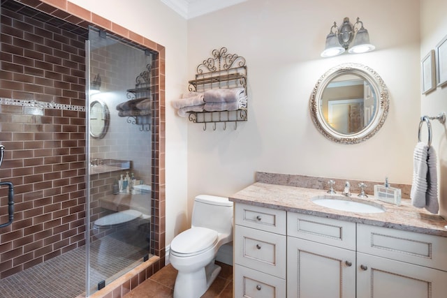 full bathroom with toilet, tile patterned floors, crown molding, vanity, and a shower stall