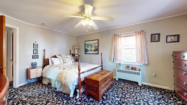 carpeted bedroom featuring baseboards, radiator, and ornamental molding