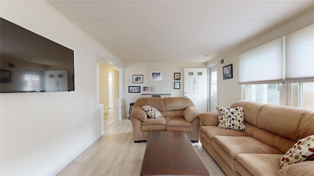 living room featuring baseboards and light wood-type flooring