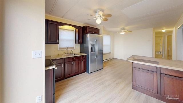 kitchen featuring a ceiling fan, light wood-style flooring, range with electric cooktop, a sink, and stainless steel refrigerator with ice dispenser