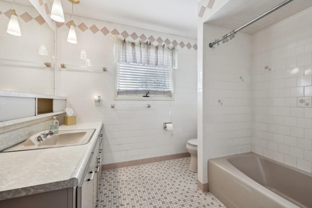 full bathroom featuring shower / bathtub combination, tile walls, tile patterned flooring, vanity, and toilet