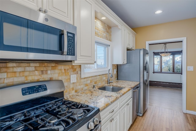 kitchen with sink, light hardwood / wood-style flooring, appliances with stainless steel finishes, tasteful backsplash, and white cabinets