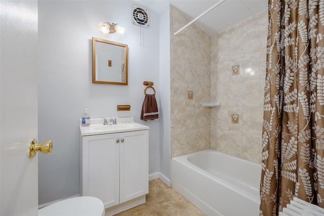 full bathroom featuring vanity, tile patterned flooring, shower / bath combination with curtain, and toilet