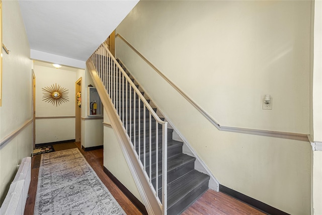 staircase featuring radiator heating unit and hardwood / wood-style floors