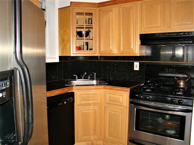 kitchen with stainless steel appliances, range hood, sink, and decorative backsplash