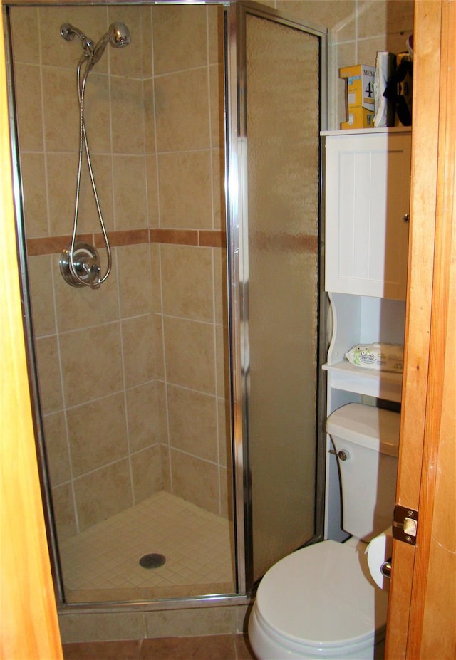 bathroom featuring toilet and a shower with shower door