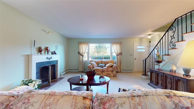 living room with a baseboard heating unit and light colored carpet