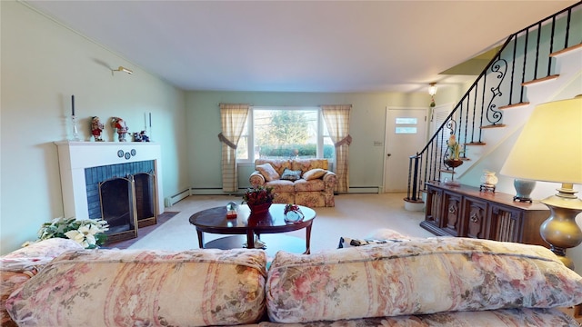 carpeted living room with a fireplace and baseboard heating