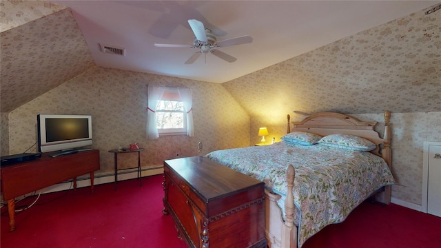 bedroom featuring vaulted ceiling, ceiling fan, and dark colored carpet