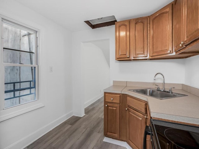 kitchen featuring sink, hardwood / wood-style flooring, a wealth of natural light, and electric range oven