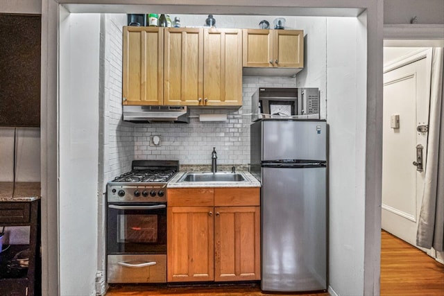 kitchen featuring tasteful backsplash, appliances with stainless steel finishes, sink, and light wood-type flooring