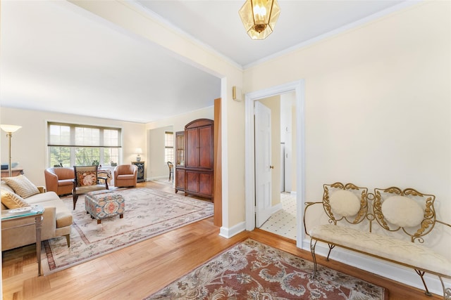 living room with crown molding