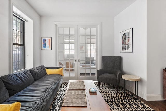 living room with wood-type flooring and french doors