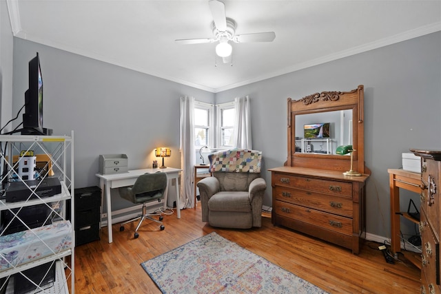 office space featuring crown molding, ceiling fan, and light hardwood / wood-style floors