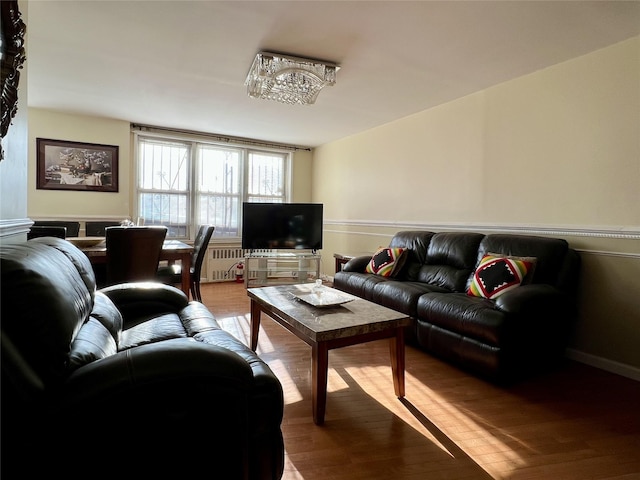 living room with wood-type flooring and radiator