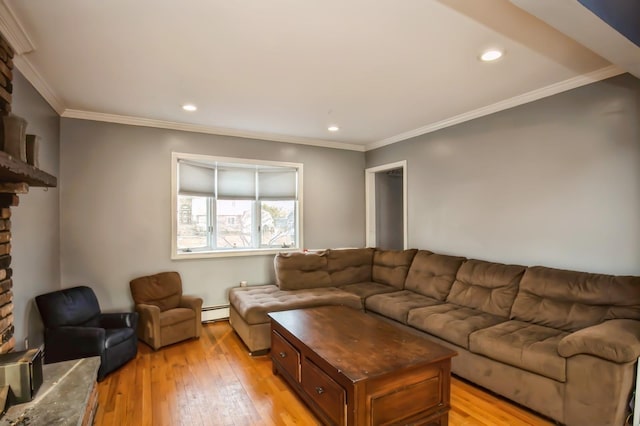 living room featuring ornamental molding, a baseboard radiator, light wood finished floors, and recessed lighting