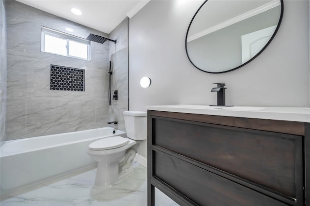 full bathroom with tiled shower / bath combo, vanity, ornamental molding, and toilet