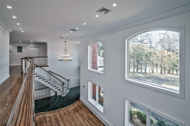 entryway featuring ornamental molding, a healthy amount of sunlight, a chandelier, and dark hardwood / wood-style floors