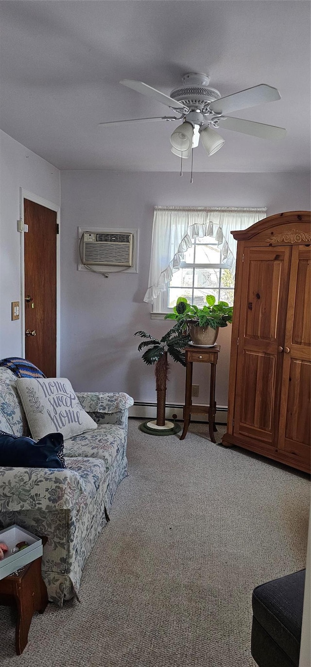 living area featuring ceiling fan, a baseboard radiator, carpet floors, and a wall unit AC