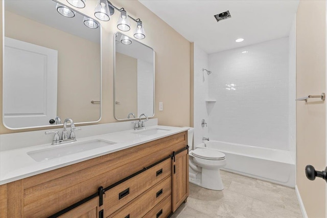 full bath with  shower combination, a sink, toilet, and double vanity