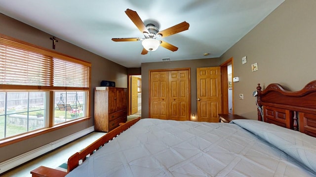 bedroom featuring ceiling fan, baseboard heating, and a closet