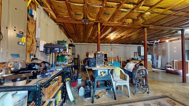 interior space with electric panel and concrete floors