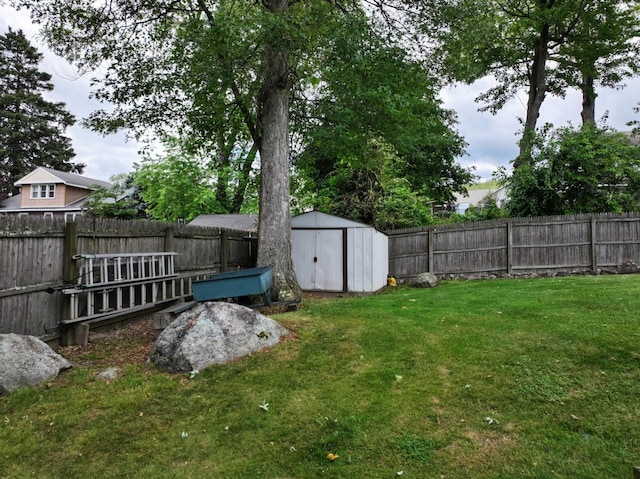 view of yard featuring a storage shed