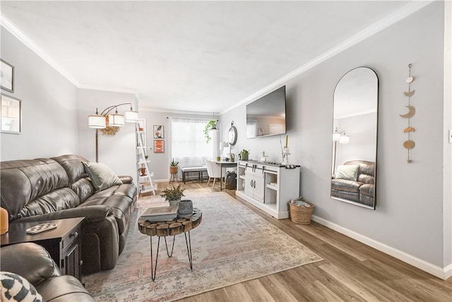 living room featuring crown molding and hardwood / wood-style flooring