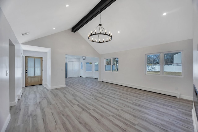 unfurnished living room with high vaulted ceiling, beam ceiling, a baseboard heating unit, light hardwood / wood-style floors, and an inviting chandelier