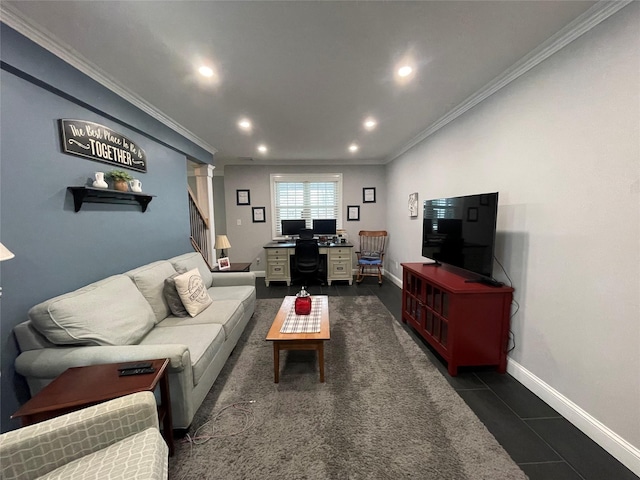 living room featuring crown molding and dark tile patterned flooring