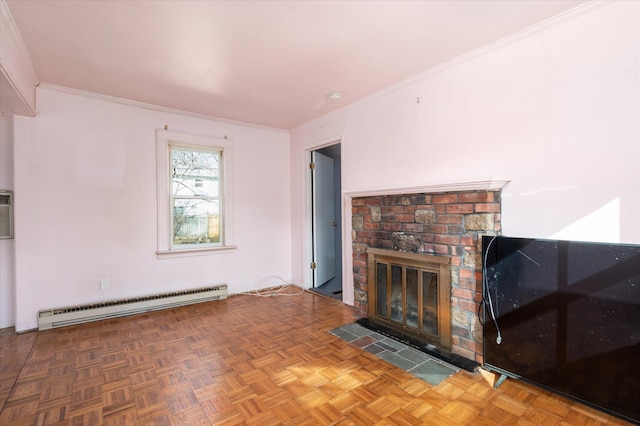 unfurnished living room with baseboard heating, parquet flooring, crown molding, and a brick fireplace